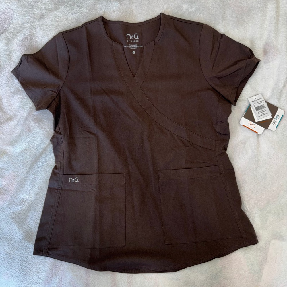 NRG by Barco Womens Espresso Brown Mock Wrap Scrub Top 3119 Arcflex Medium NWT